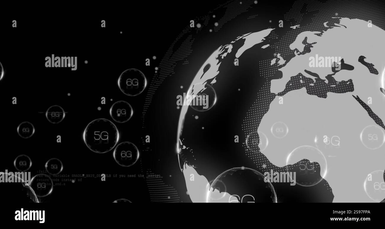 5G and 6G network technology image over digital globe on dark background Stock Photo