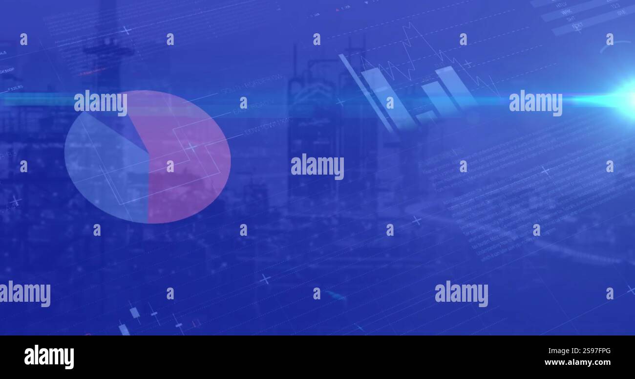 Pie chart and world map image over cityscape with financial data Stock Photo