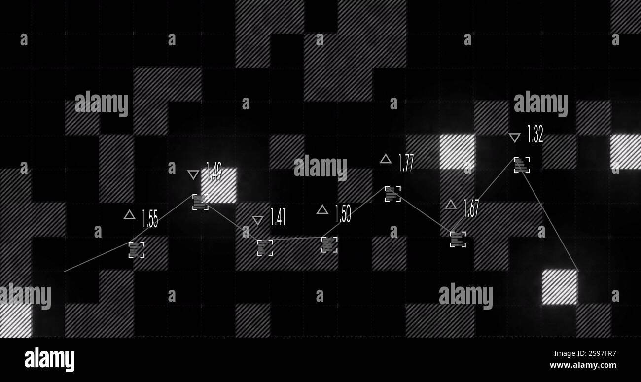 Data points and line graph over abstract black and gray grid image Stock Photo