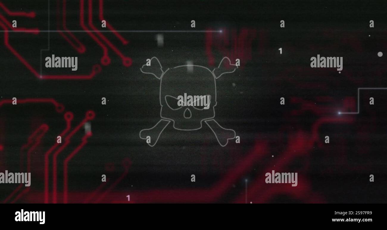 Skull and crossbones image over red circuit board and binary code Stock Photo