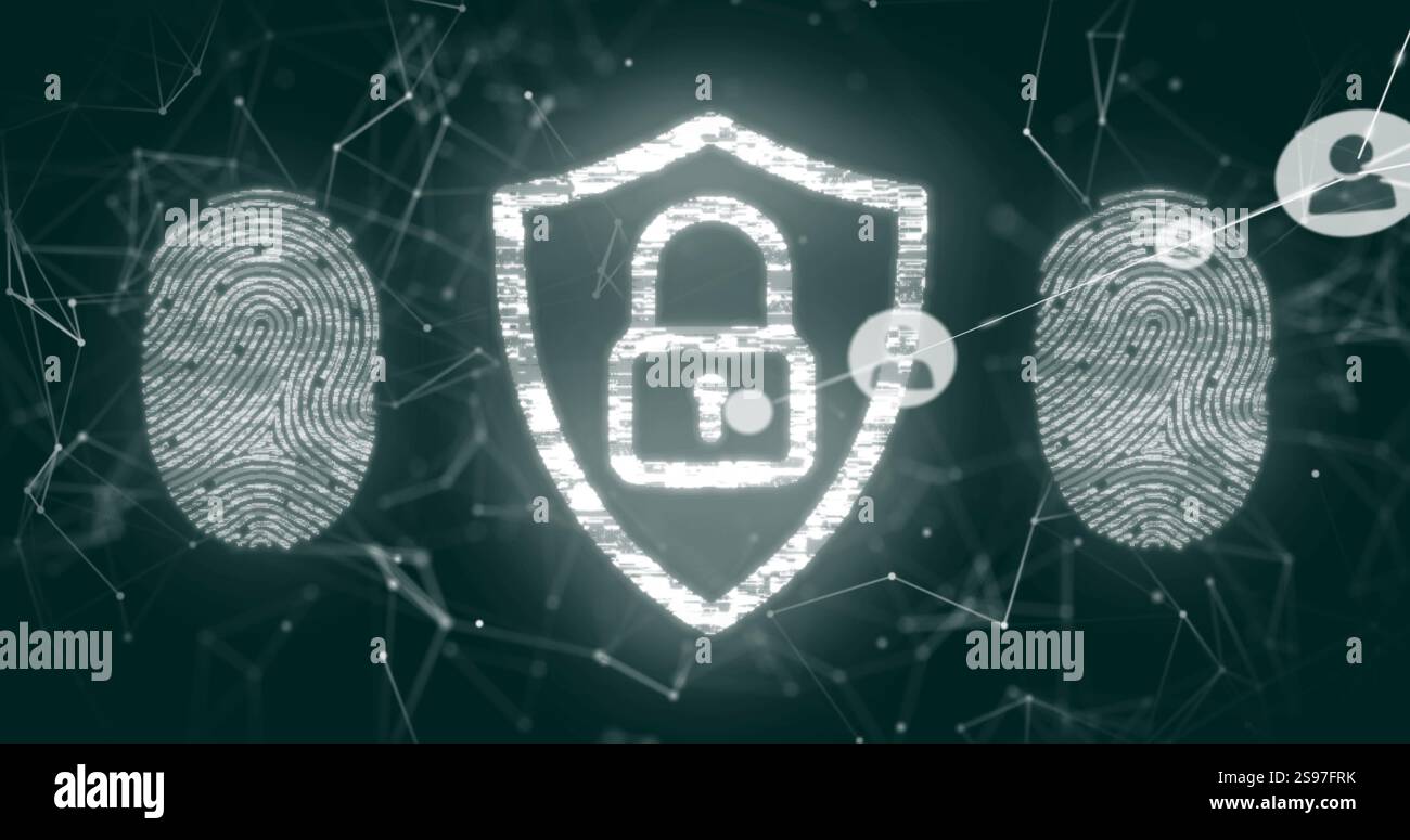 Digital security lock and fingerprint image over network connections and user icons Stock Photo
