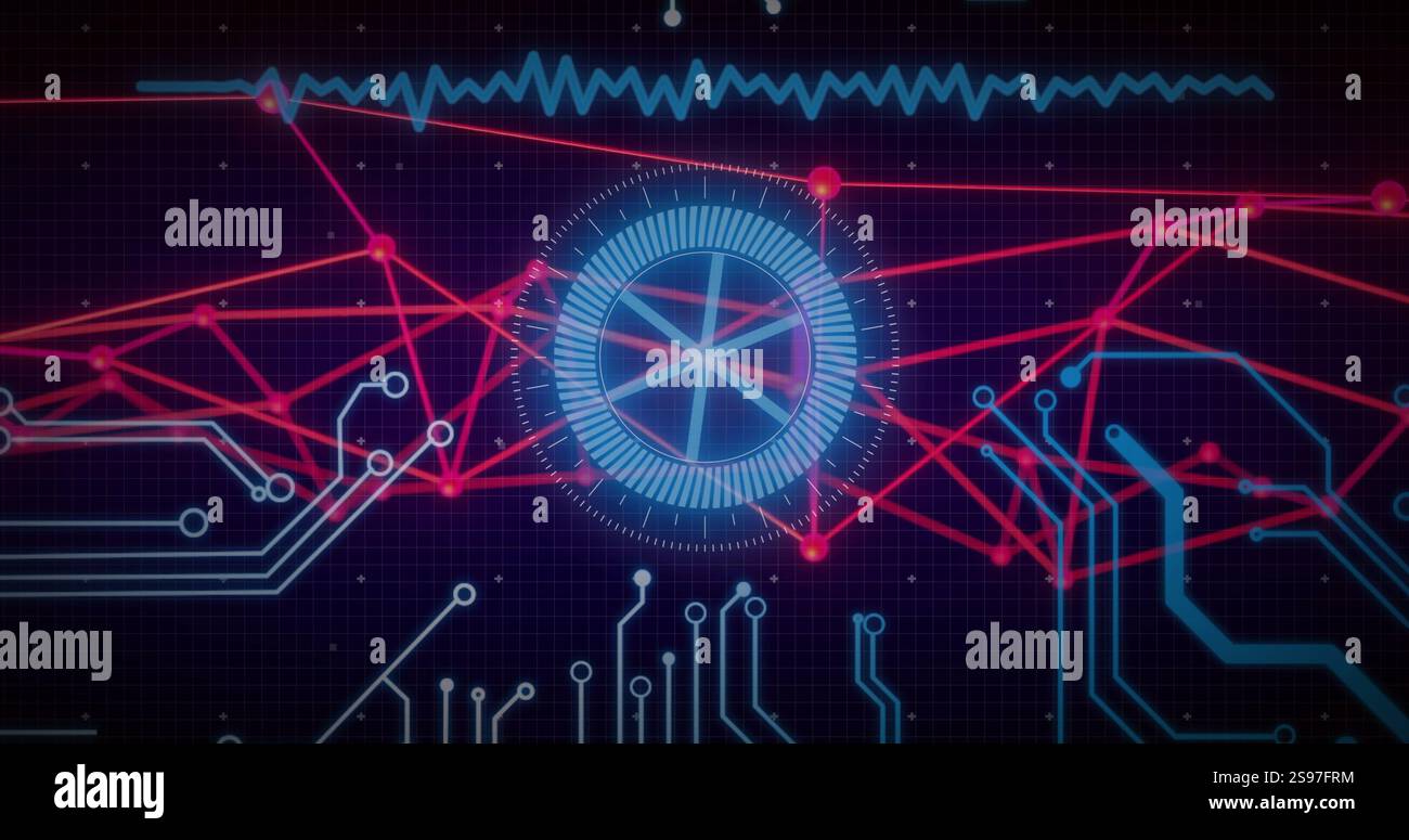 Digital circuit board and data network image over blue and red lines ...