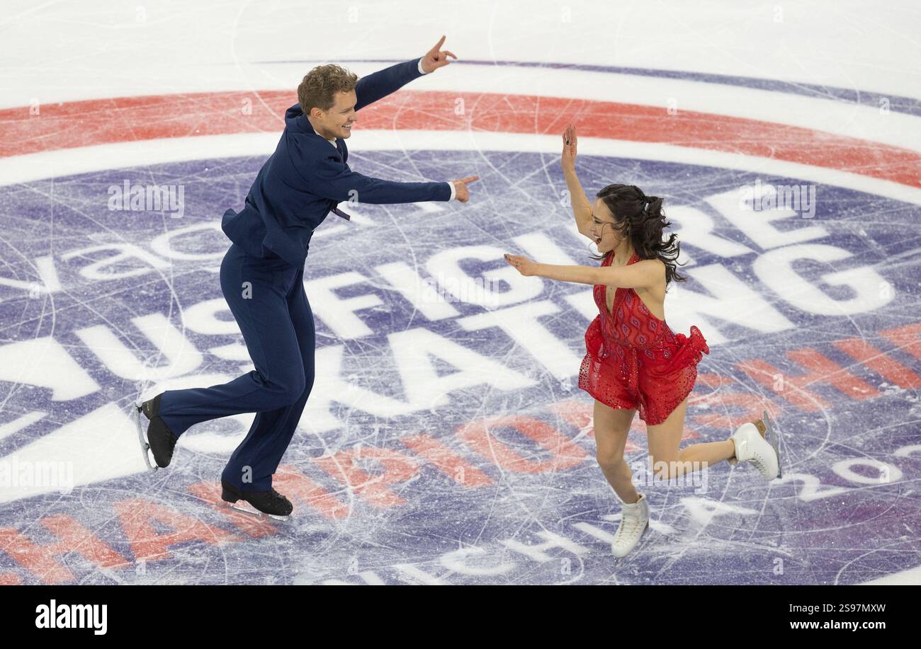 Madison Chock, right, and Evan Bates, left, perform during the ice