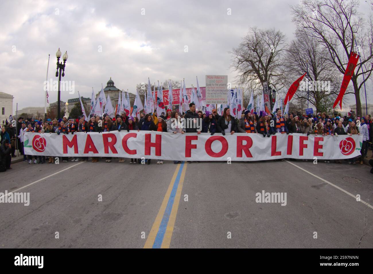 Washington, DC, USA. 24 Jan 2025. March for Life participants hold up a