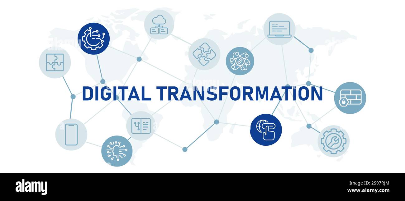 Digital Transformation icon set data performance prototype development innovation planning management technology modern process idea design outline Stock Vector