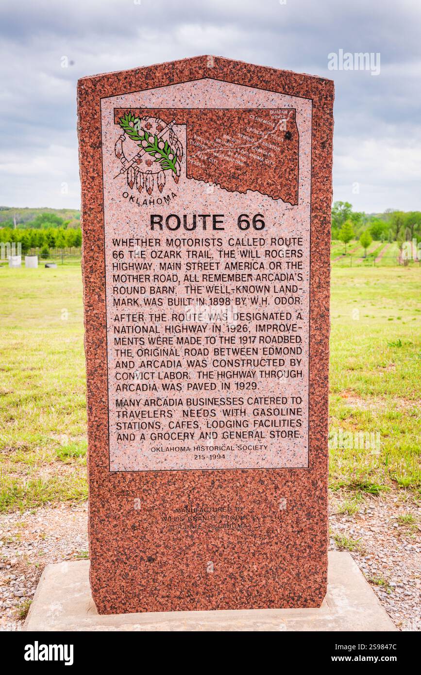 Arcadia, OK USA - May 1, 2018: Granite signage for Historic Oklahoma US