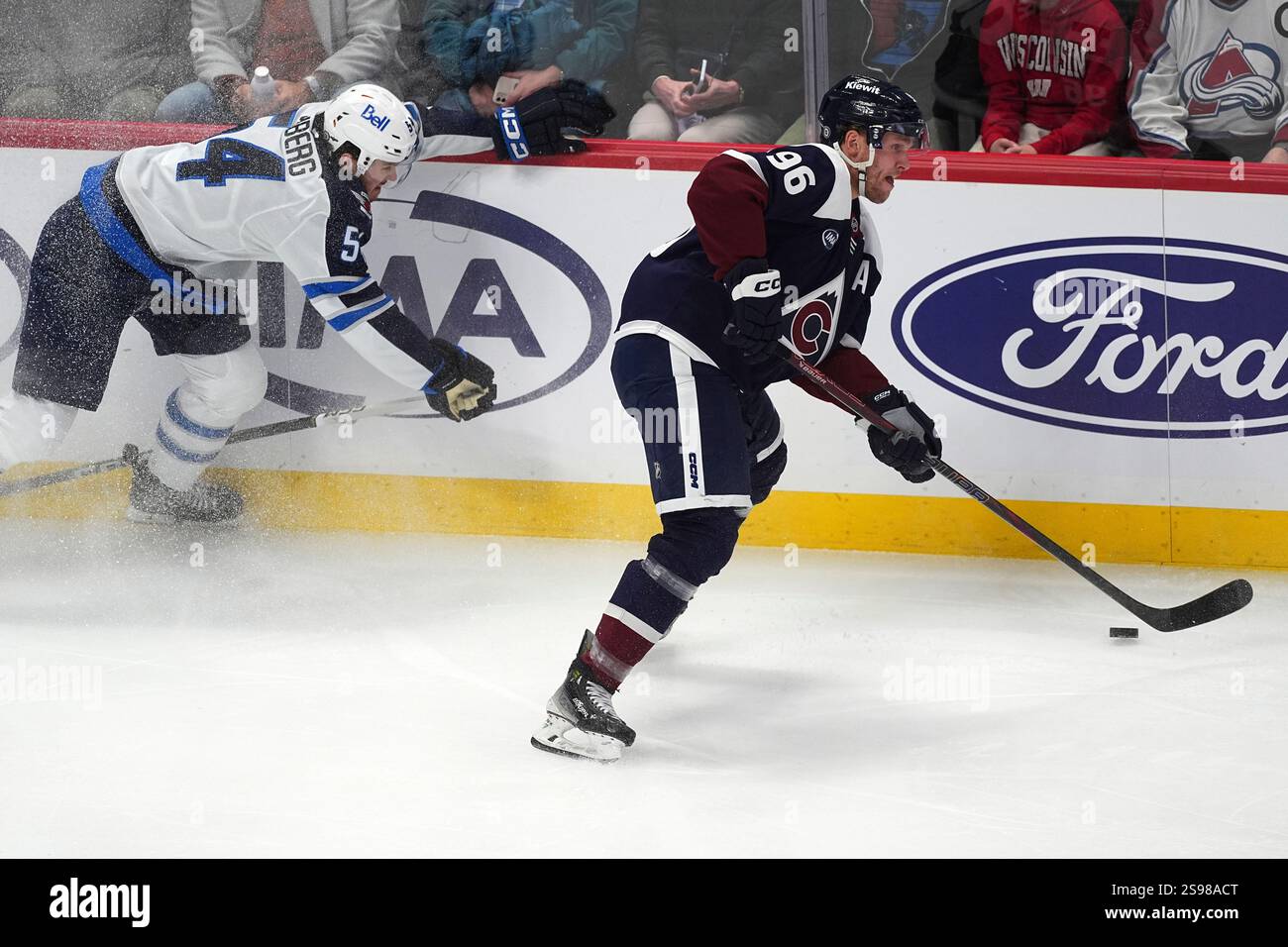Colorado Avalanche right wing Mikko Rantanen (96) and Winnipeg Jets