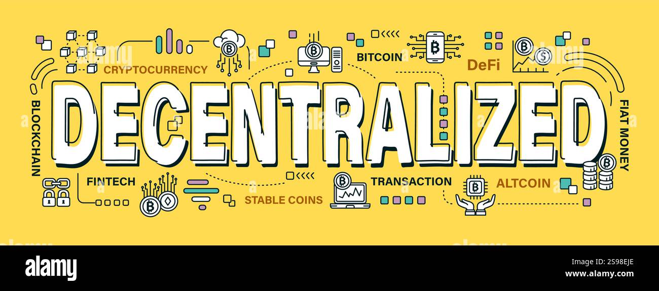 Decentralized . Word and outline icon on solid color background . Cryptocurrency concept . Vector . Editable stroke . Stock Vector