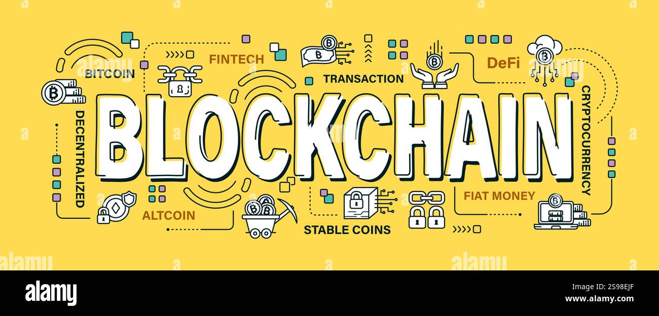 Blockchain . Word and outline icon on solid color background . Cryptocurrency concept . Vector . Editable stroke . Stock Vector