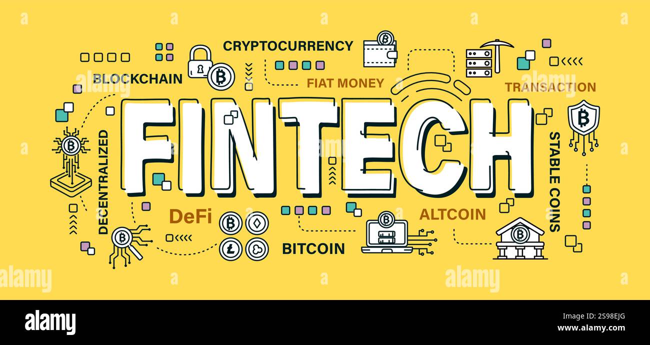 Fintech . Word and outline icon on solid color background . Cryptocurrency concept . Vector . Editable stroke . Stock Vector