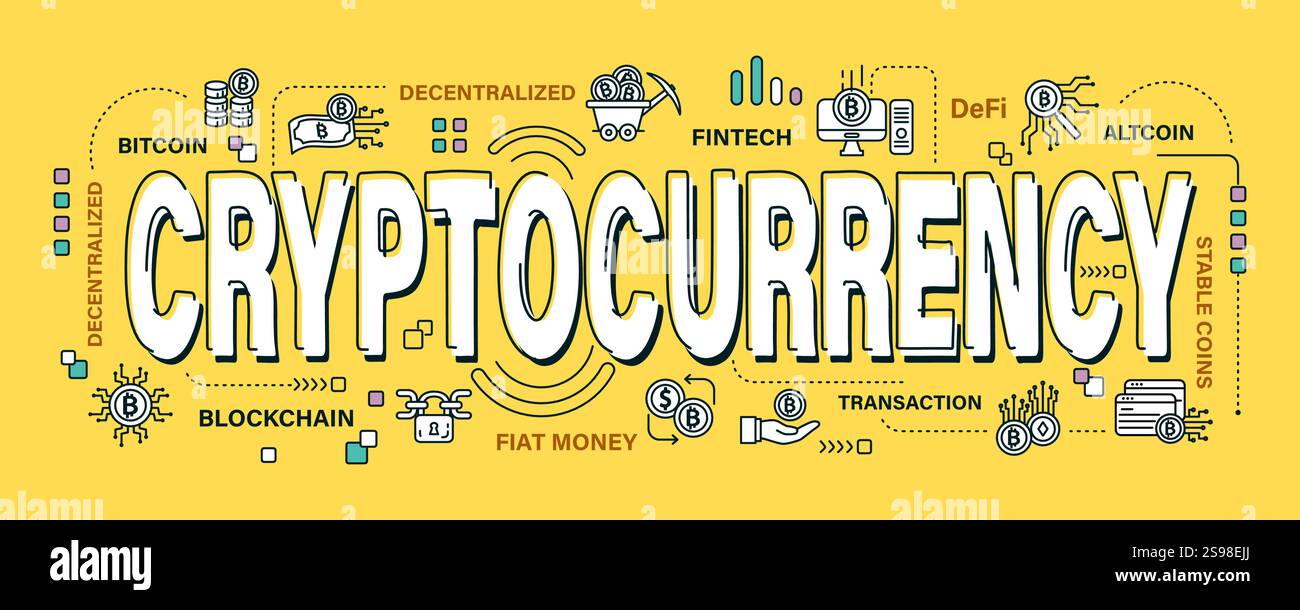 Cryptocurrency . Word and outline icon on solid color background . Vector . Editable stroke . Stock Vector