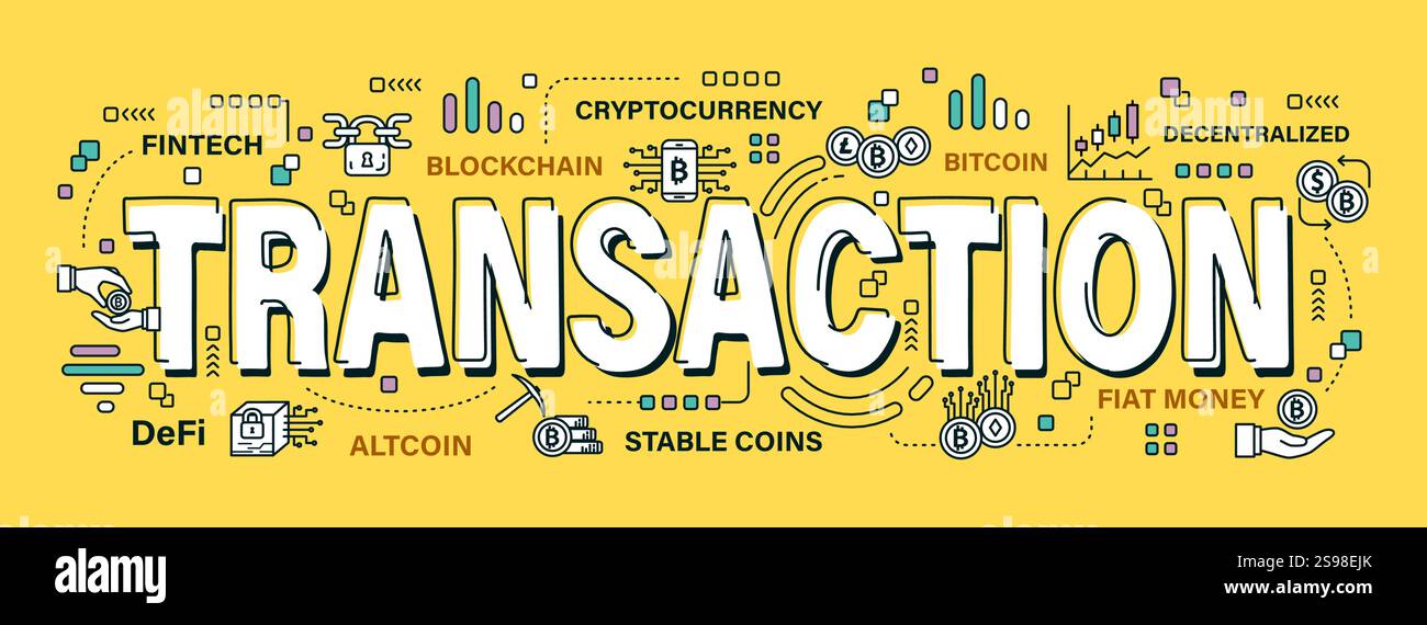 Transaction . Word and outline icon on solid color background . Cryptocurrency concept . Vector . Editable stroke . Stock Vector