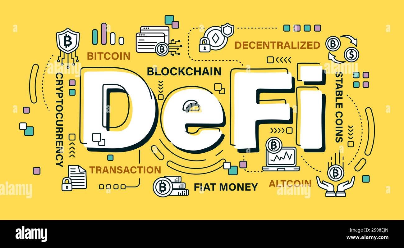 Defi . Word and outline icon on solid color background . Cryptocurrency concept . Vector . Editable stroke . Stock Vector