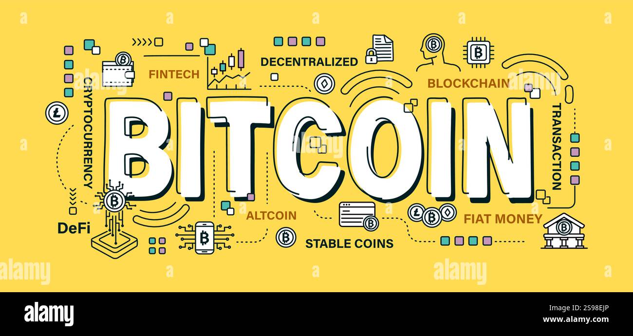Bitcoin . Word and outline icon on solid color background . Cryptocurrency concept . Vector . Editable stroke . Stock Vector