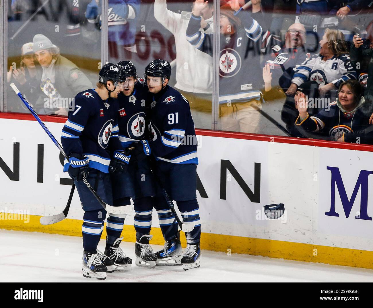 Winnipeg Jets' Vladislav Namestnikov (7), Nikolaj Ehlers (27) and Cole