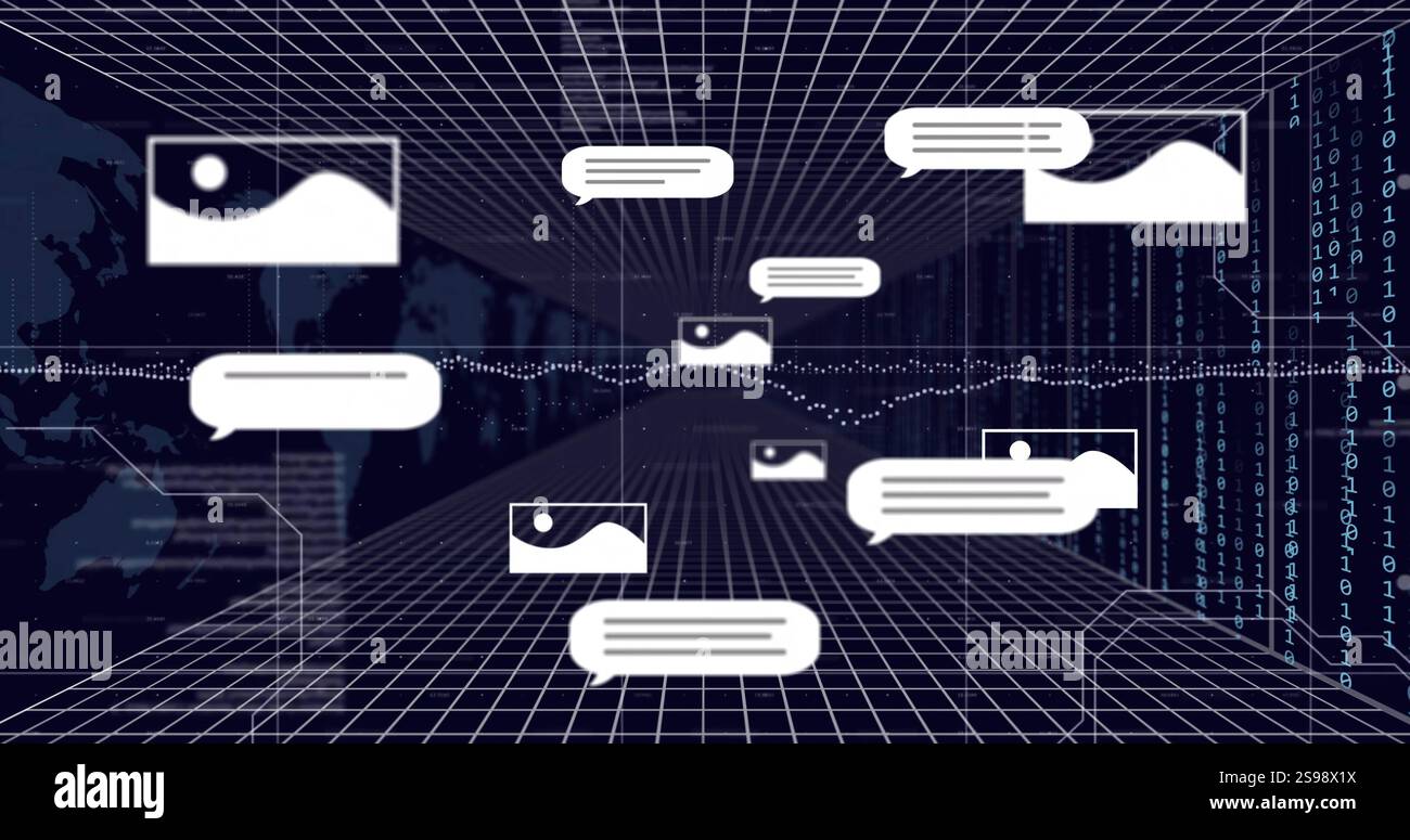 Chat bubbles and image icons image over grid background with data ...