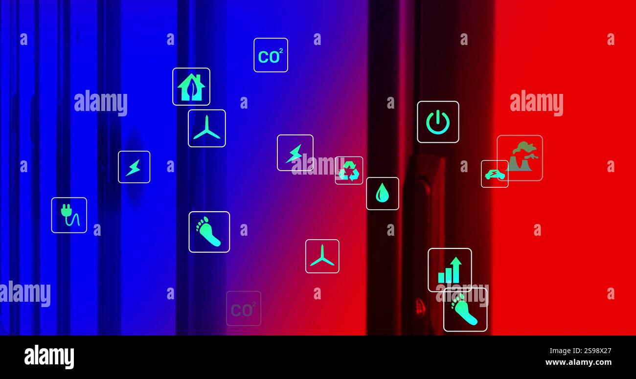 Image of eco icons and digital data processing over computer servers ...