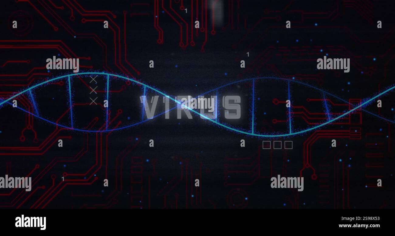 Image of dna strand and virus text over data processing Stock Photo