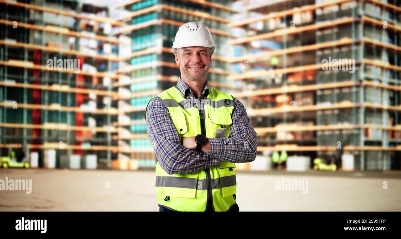 Happy Construction Worker And Engineer Builder Man In Helmet Stock Photo