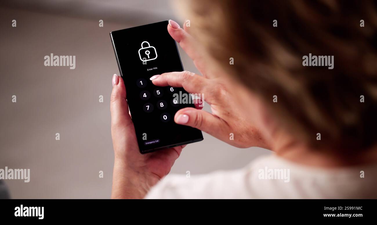 Mobile Phone Security Lock. Woman Using Virtual Stock Photo