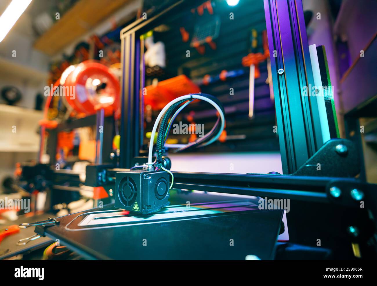 3d printer manufacturing process prototype model home workshop tool wall creative space Stock Photo