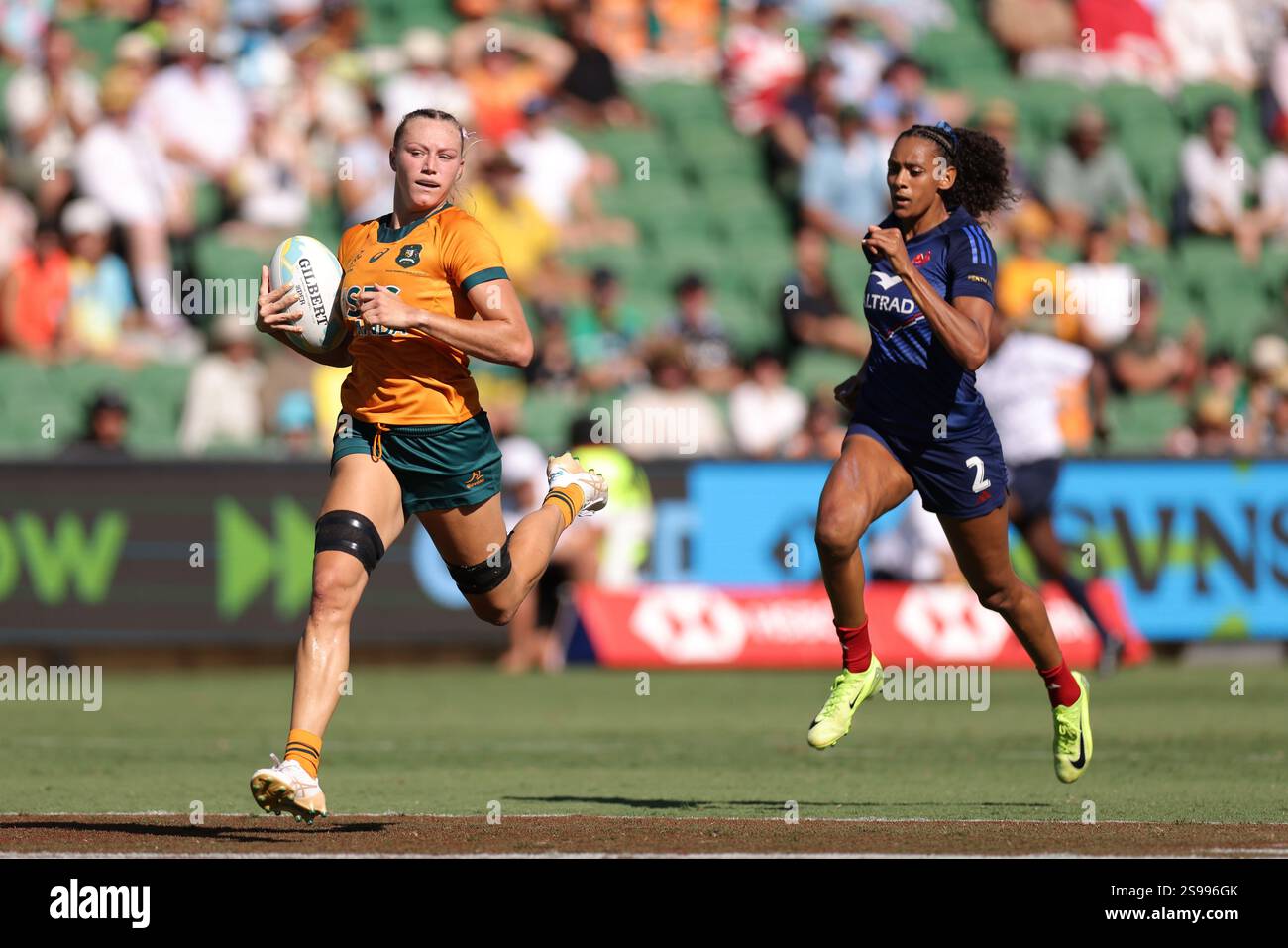 Maddison Levi of Australia runs in for a try during the match between ...