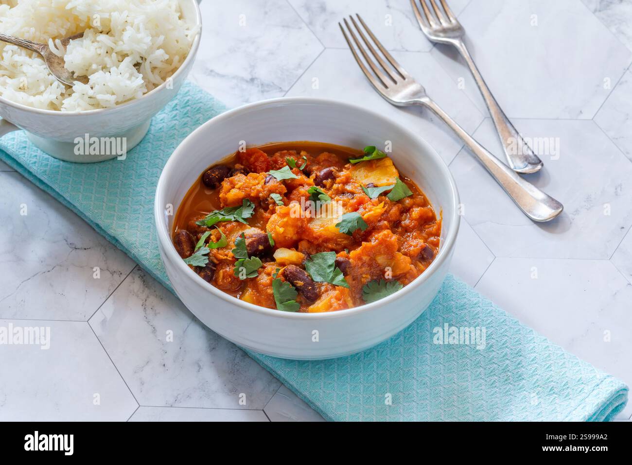 Vegetarian kidney beans and pineapple curry with basmati rice Stock ...