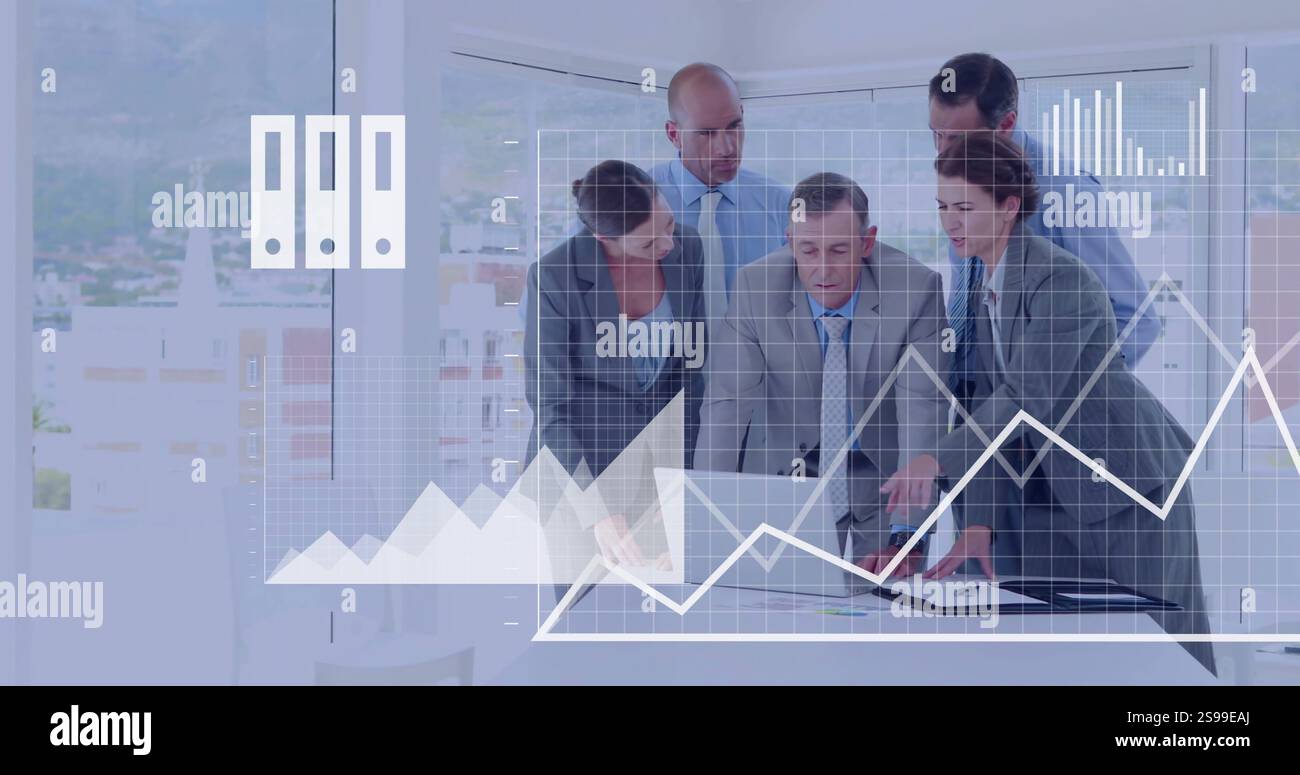 Business team analyzing documents with financial data chart image over them Stock Photo