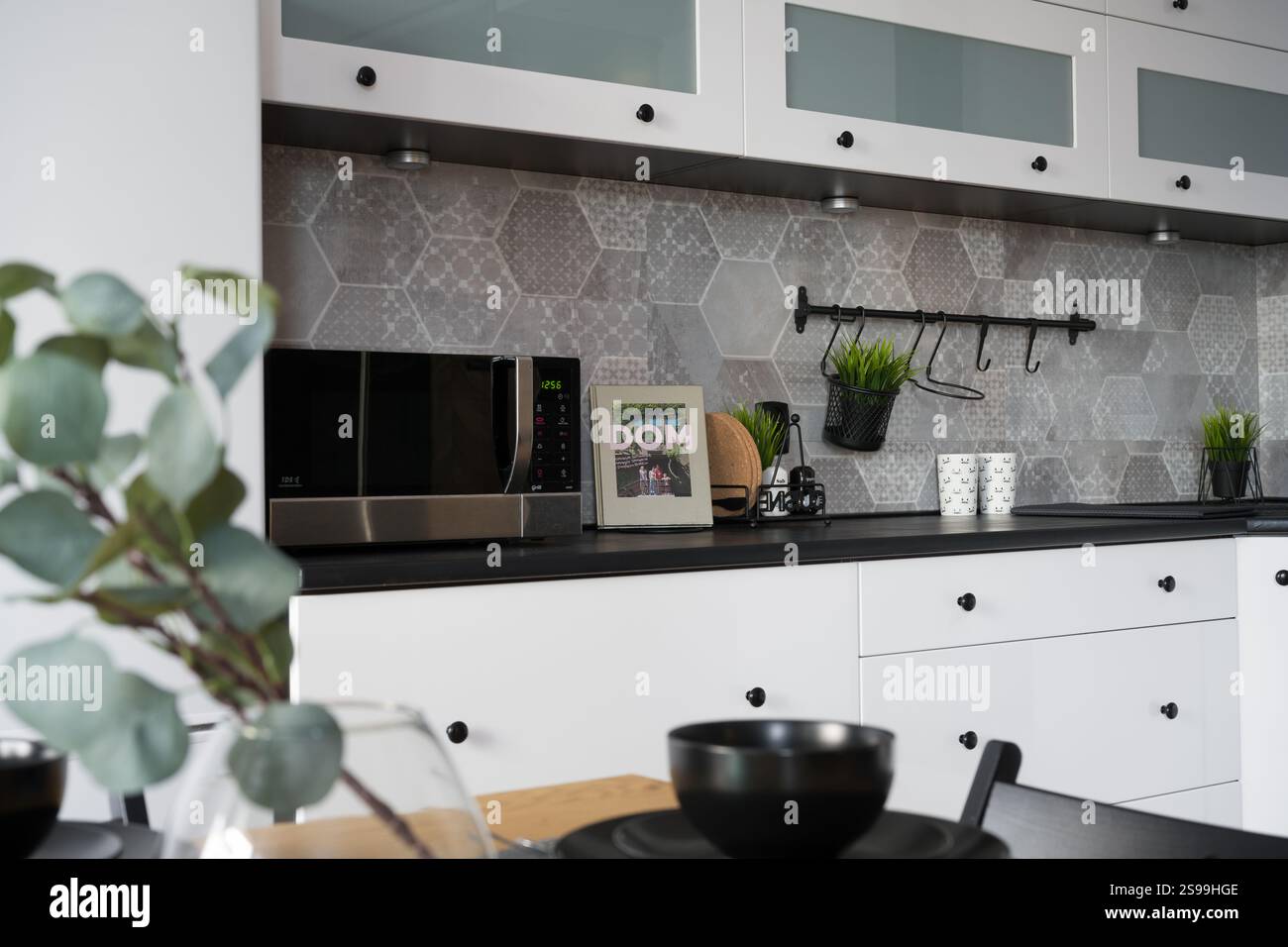 Close-up of a Modern Kitchen Countertop and Cabinets Stock Photo