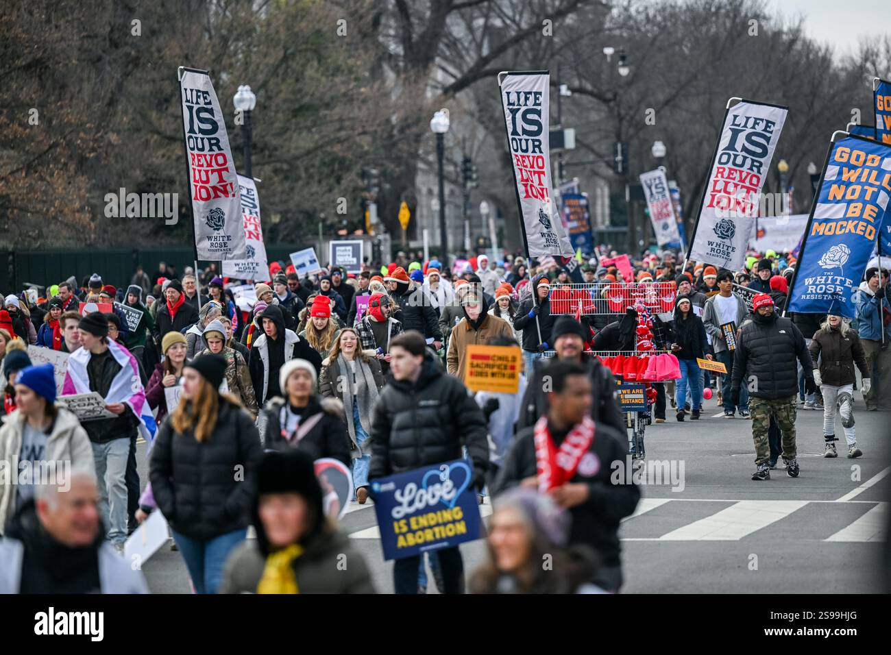 Demonstrators march at the the March for Life in Washington, DC on