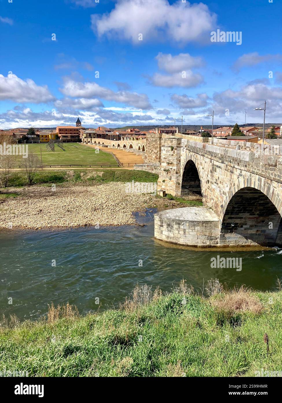 Puente de Órbigo, Crossing the Rio Órbigo, Hospital de Órbigo, Castille y Leon, Spain - Smartphone Captured Stock Image