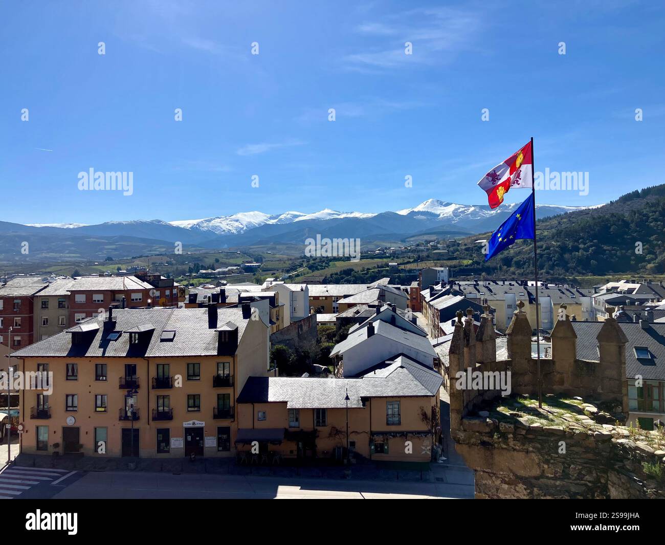 Rooftop Views of Ponferrada, Spain and the Castillo de los Templarios on a Crisp Winter's Day - Smartphone Captured Stock Image
