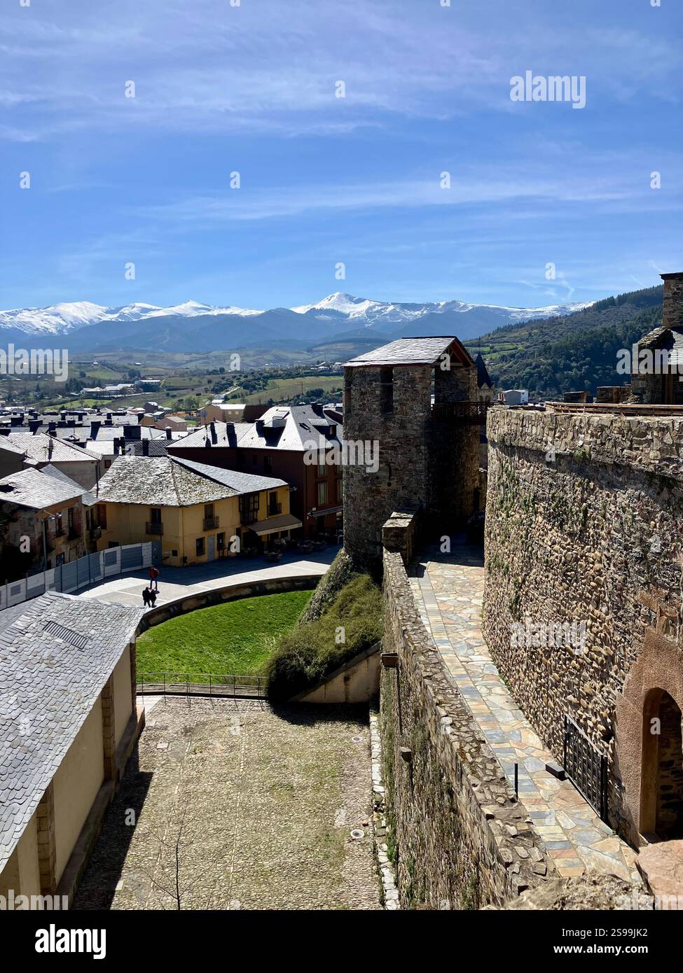 View from Ponferrada Castle of Ponferrada with the Snow Covered Cantabrian Mountain Range in the Distance - Smartphone Captured Stock Image