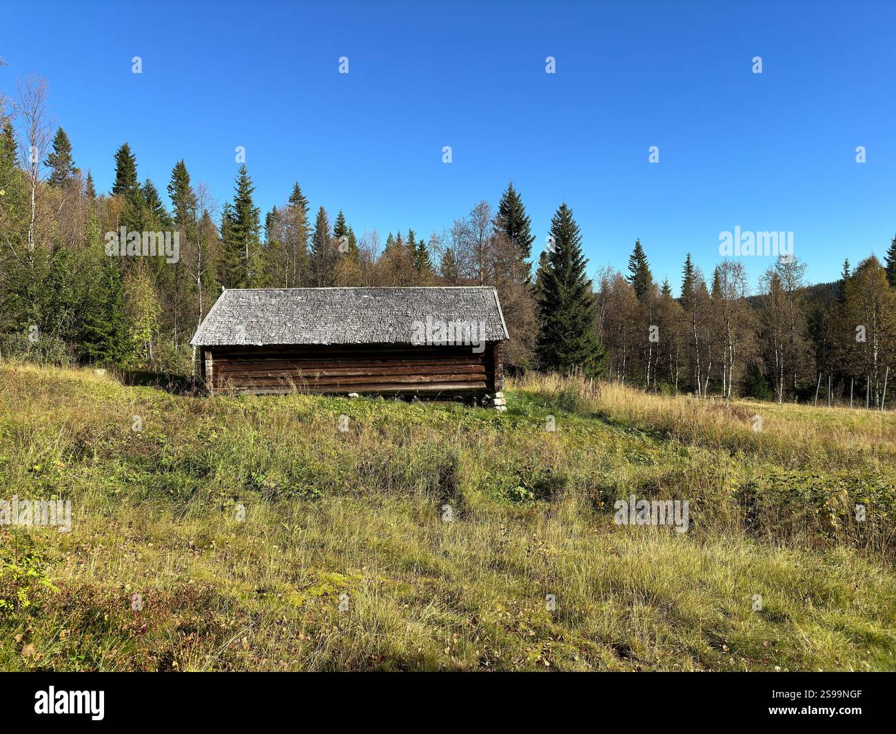 Old and  traditional wooden cabins in mountain Stock Photo
