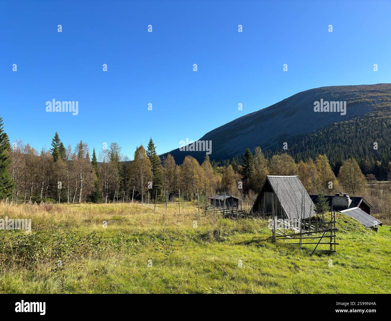 Old and traditional wooden cabins in mountains Stock Photo