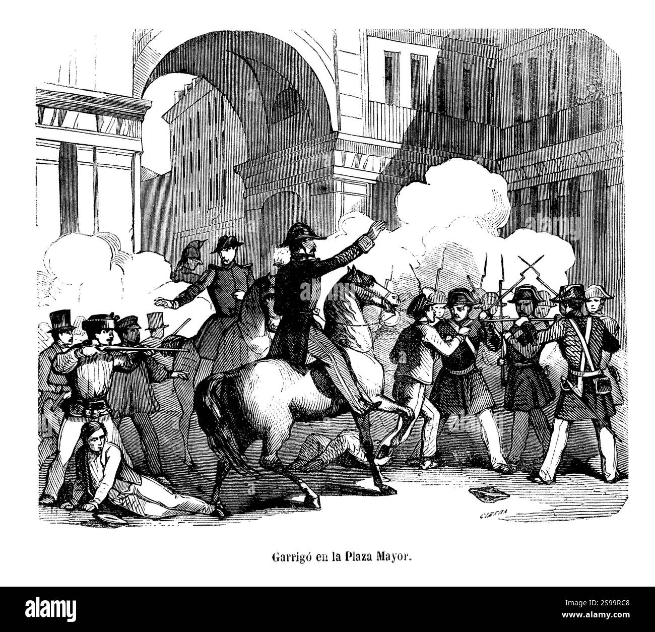 España. Madrid. Vicalvarada. El coronel Antonio Garrigó García de la Calle (1799-1867) al mando del Regimiento de caballería Farnesio en la plaza Mayor. Grabado de 1854. Stock Photo