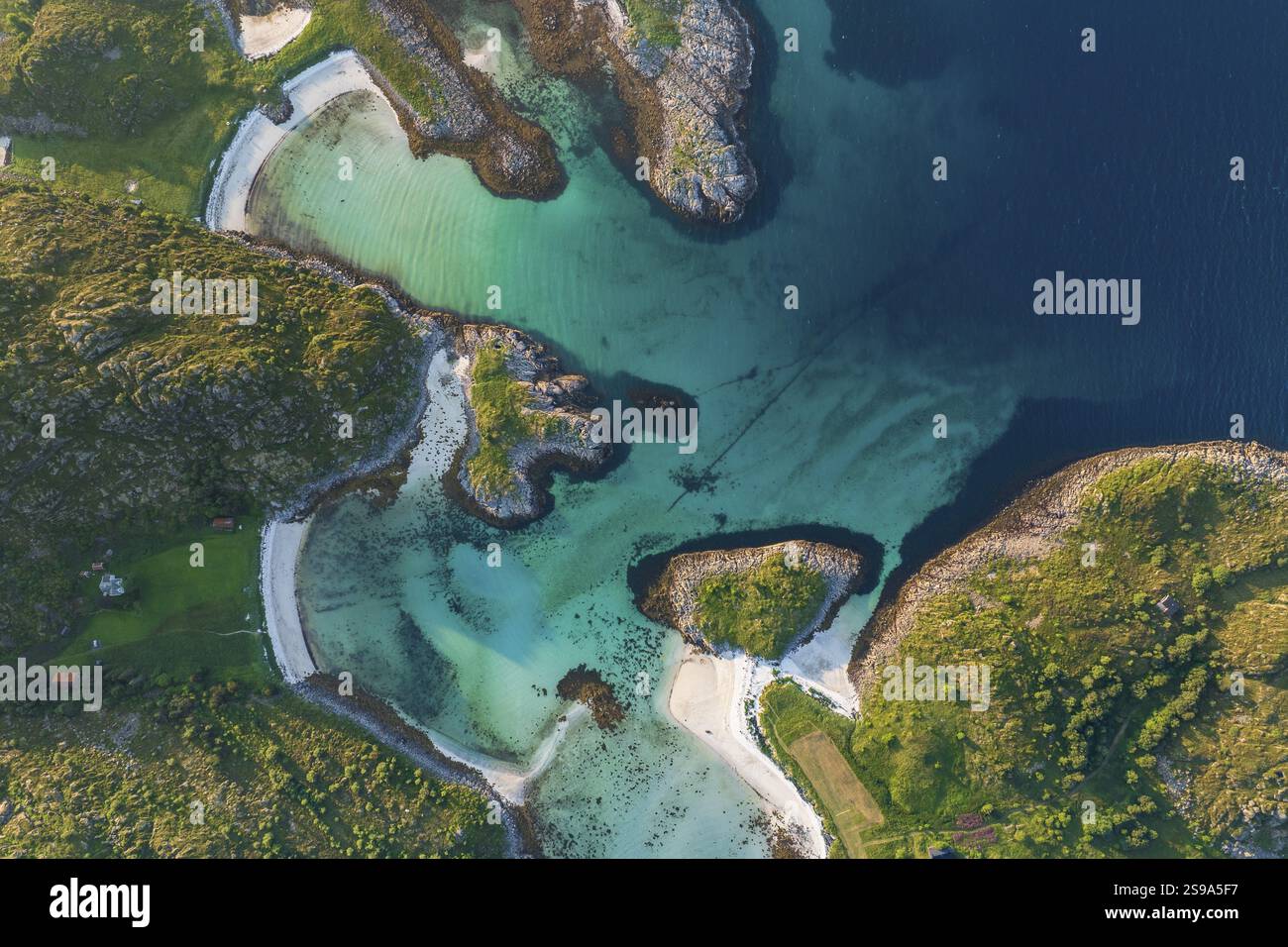 Aerial view of the coast of the island of Skrova, beaches and turquoise water, Lofoten, Norway, Europe Stock Photo