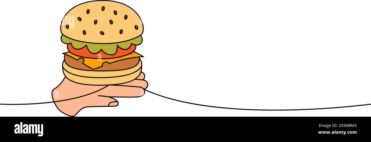 Burger hold on human hand one line colored continuous drawing. Traditional American fast food. Stock Vector