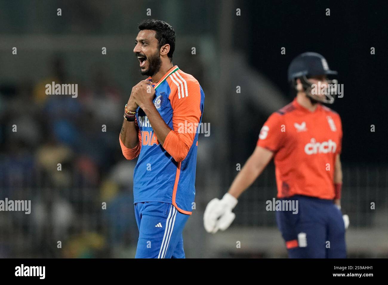 India's Axar Patel celebrates the dismissal of England's Liam ...