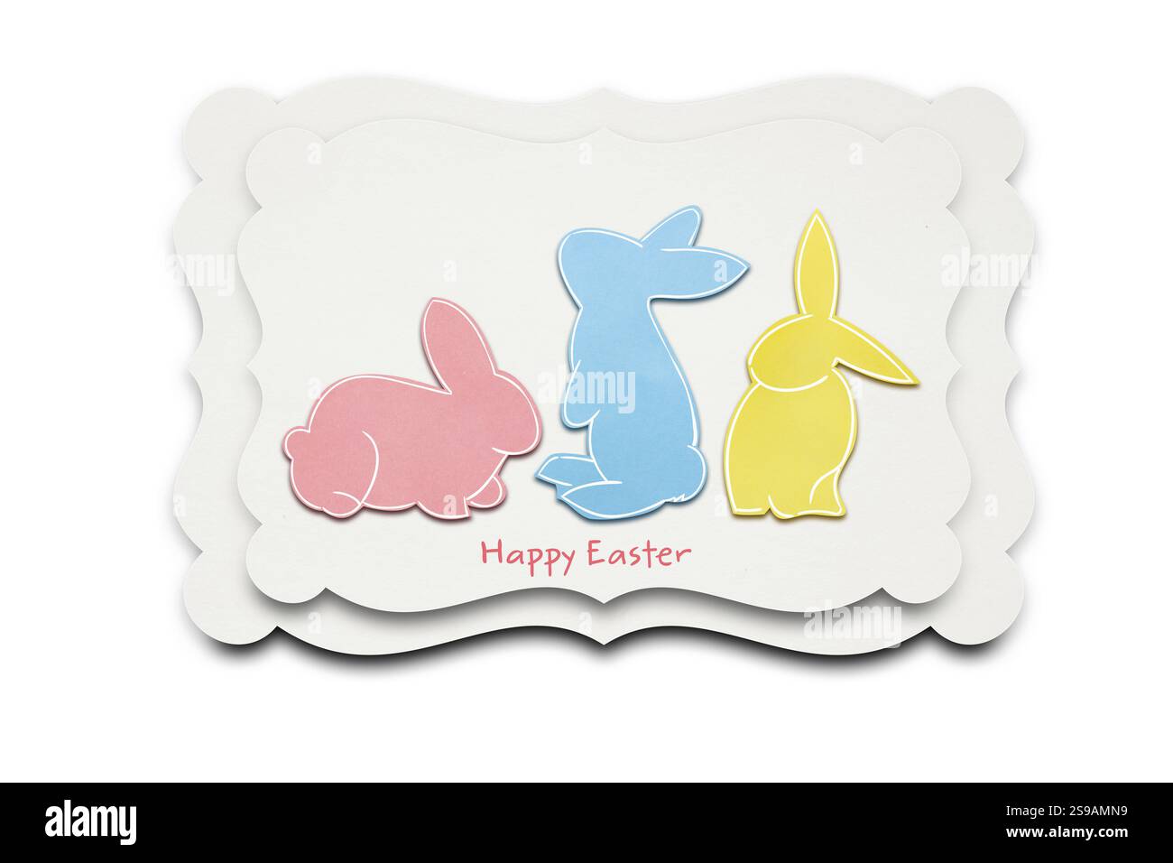 Creative Easter concept photo of three rabbits with paper on white ...