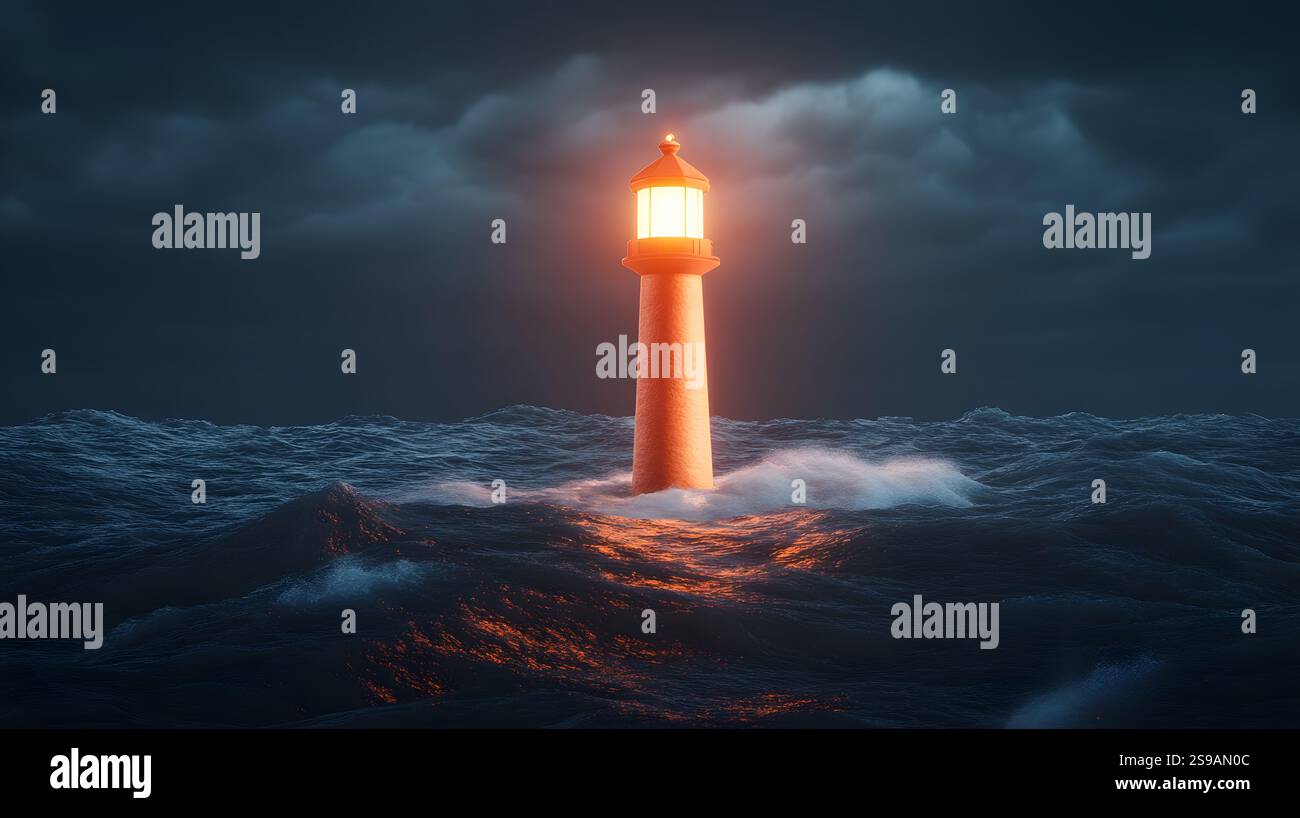 Shining Lighthouse Beacon Guiding Through Stormy Seas,3D Digital ...