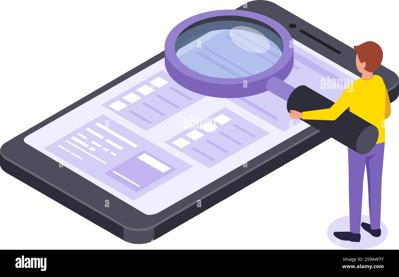 Isometric vector illustration representing a man holding a magnifying glass over a smartphone screen, searching or browsing information on mobile phone Stock Vector
