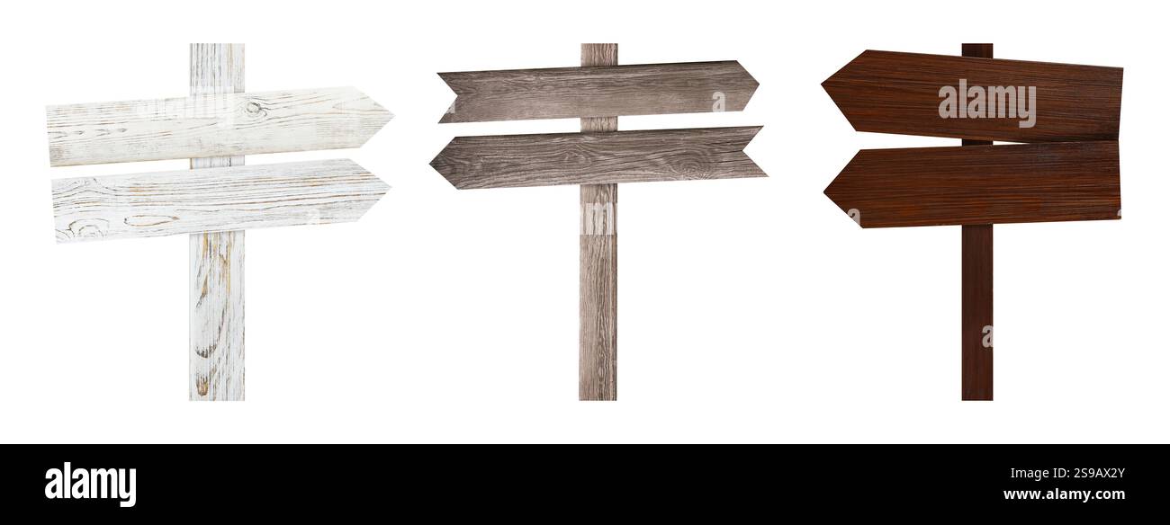 Wooden signposts with arrow-shaped pointers isolated on white Stock ...