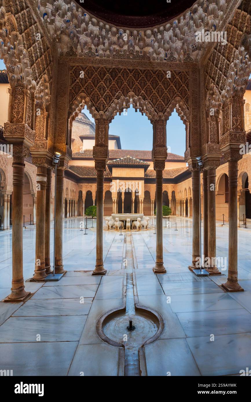 Columns with Arabic decorations in the Nasrid Palace of the Lions, with ...