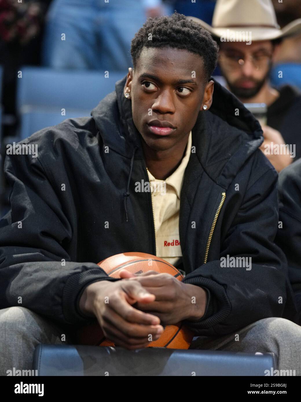 AJ Dybantsa, a BYU commit and projected 2026 NBA draft pick sits in the