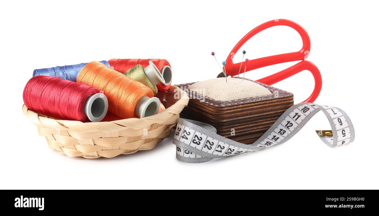 Many different sewing supplies isolated on white Stock Photo
