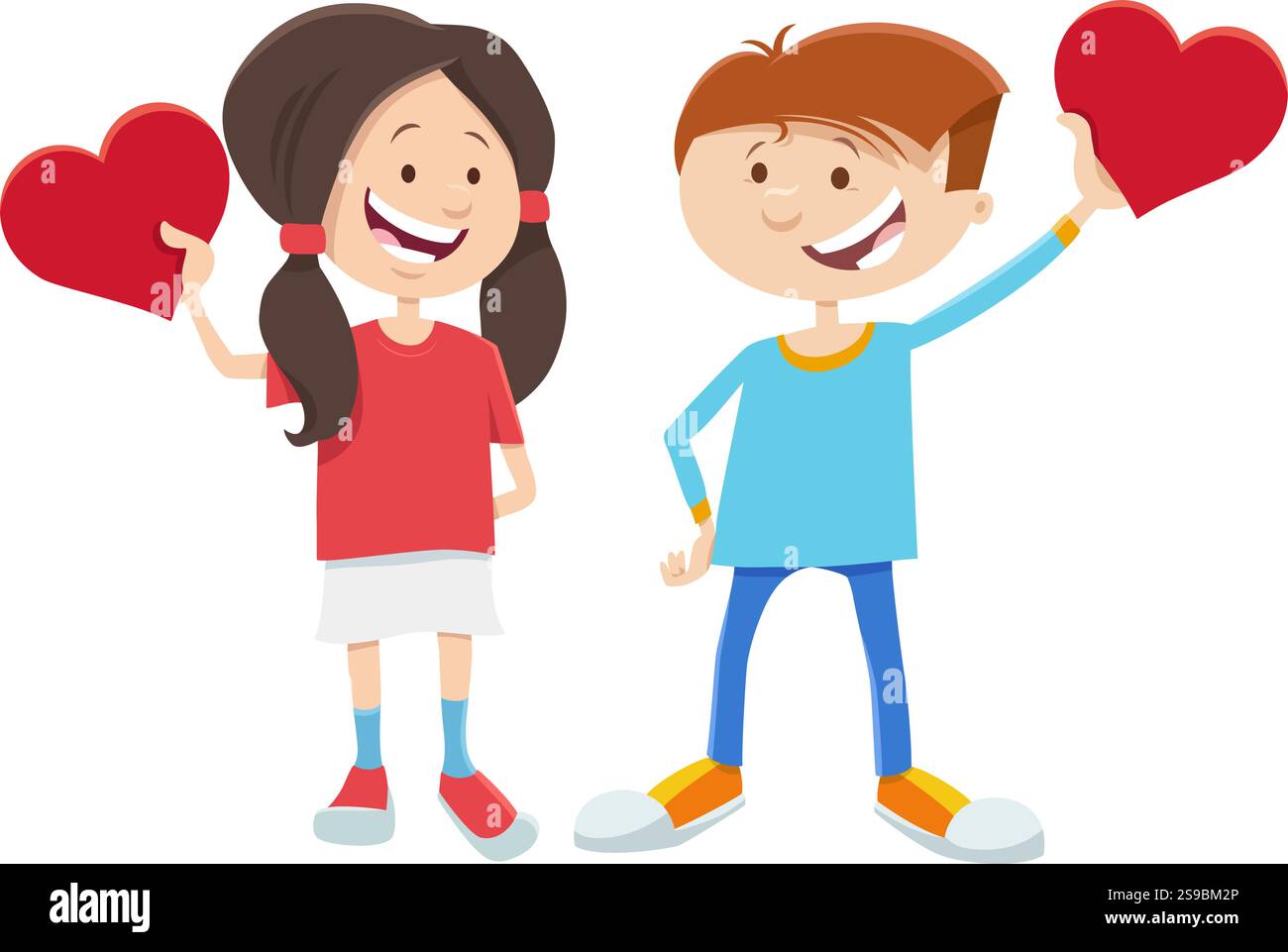 Cartoon illustration with girl and boy characters on Valentines Day ...