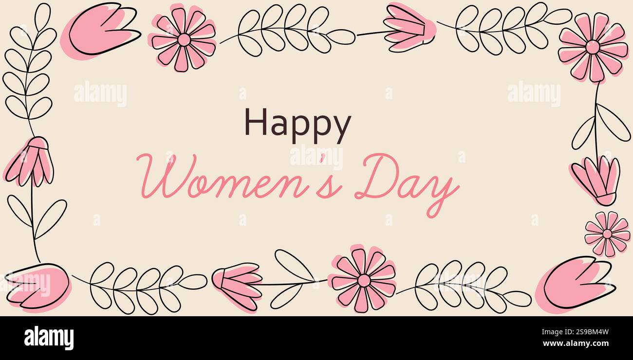 Happy Women Day Greeting With Floral Border and Pink Flowers vector ...