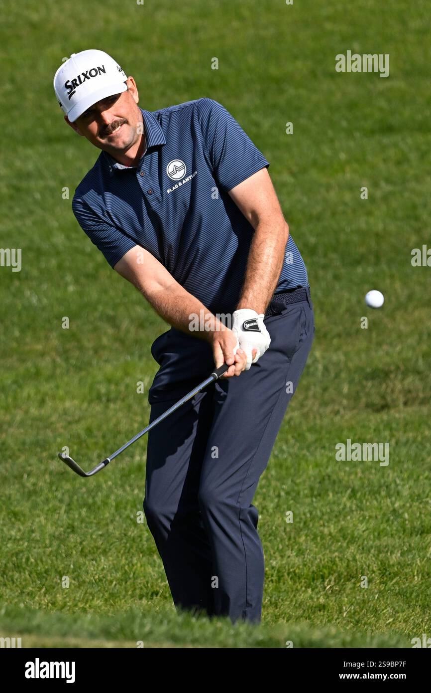 Keegan Bradley hits his second shot on the fifth hole of the South
