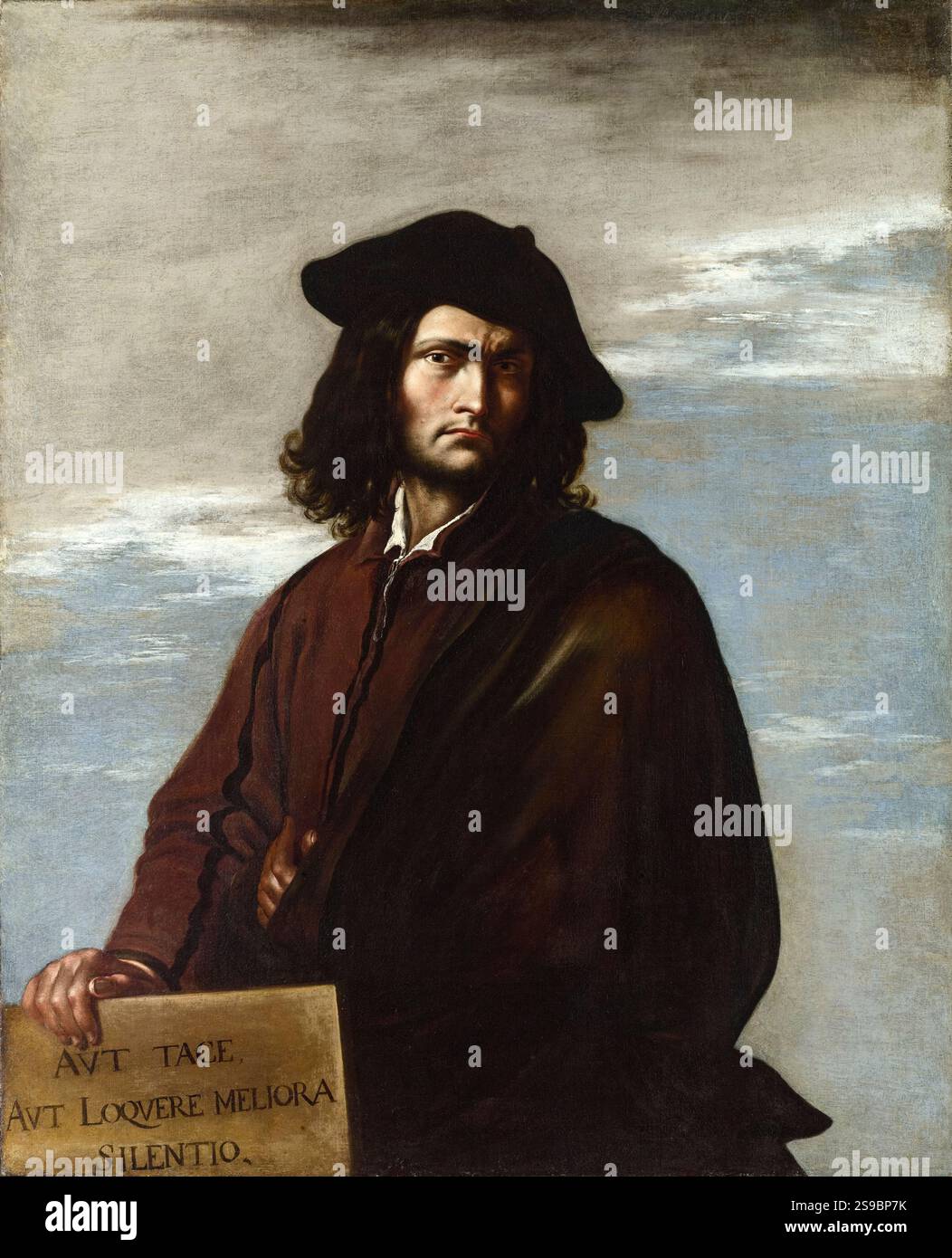 Philosophy by Italian artist Salvator Rosa (1615-1673) painted circa 1645 showing a scowling man in scholar's attire holding a tablet with a Latin inscription ‘Either be silent or say something better than silence.’  from Stobaeus’s Anthologia. Credit: National Gallery, London / Universal Art Archive Stock Photo